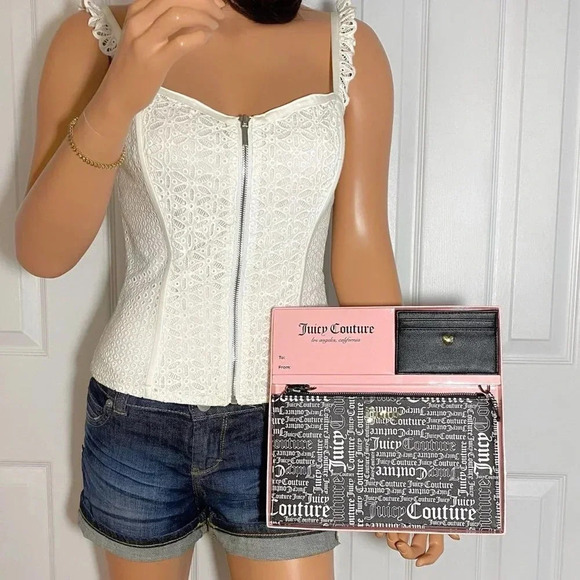 Juicy Couture Black White Gothic Logo Wristlet & Black Card Case Set New - Picture 3 of 3